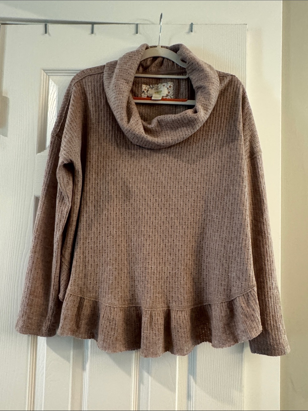Maeve Oversized Taupe Ribbed Cowl Neck Sweater with Ruffle Hem